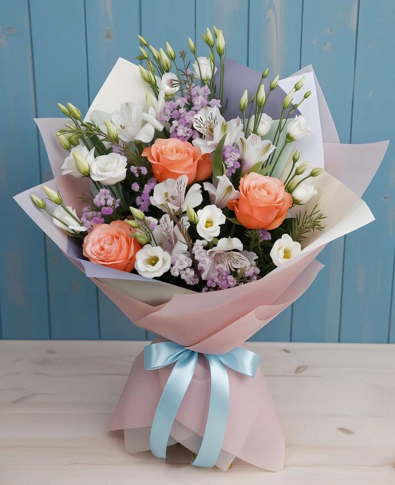 Букет цветов из: Лизиантусы, Розы, Альстромерии и Гипсофила в Ленинских Горках