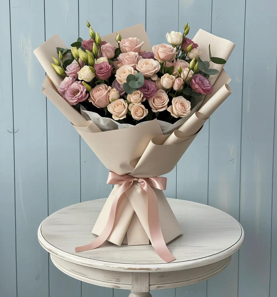 Букет цветов из: Розы и Лизиантусы в Ленинских Горках