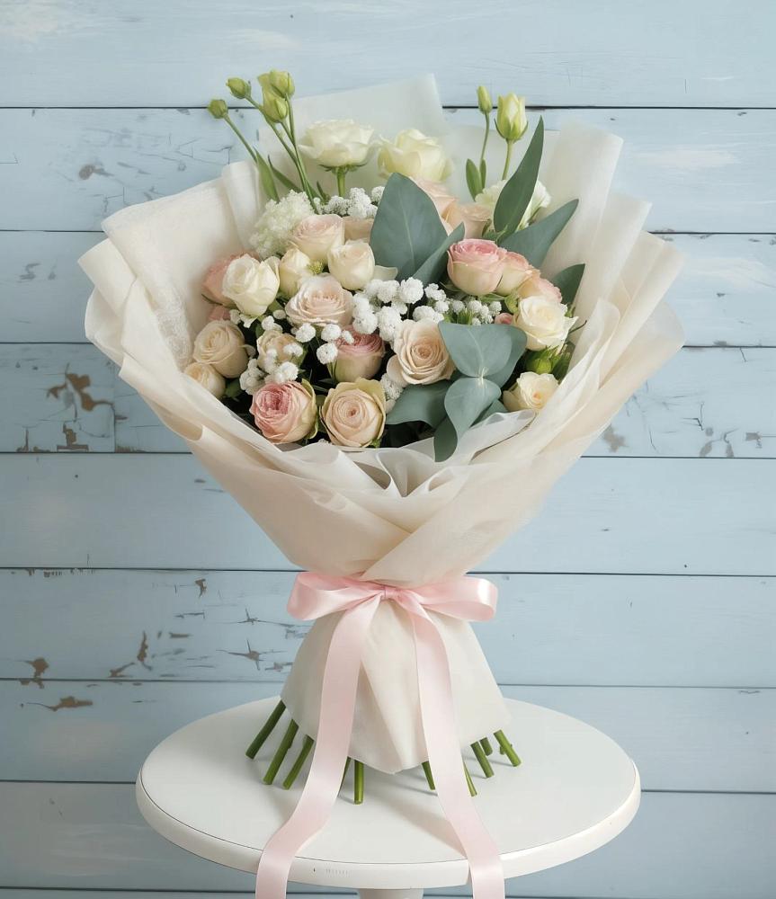 Букет цветов из: Розы и Лизиантусы в Ленинских Горках