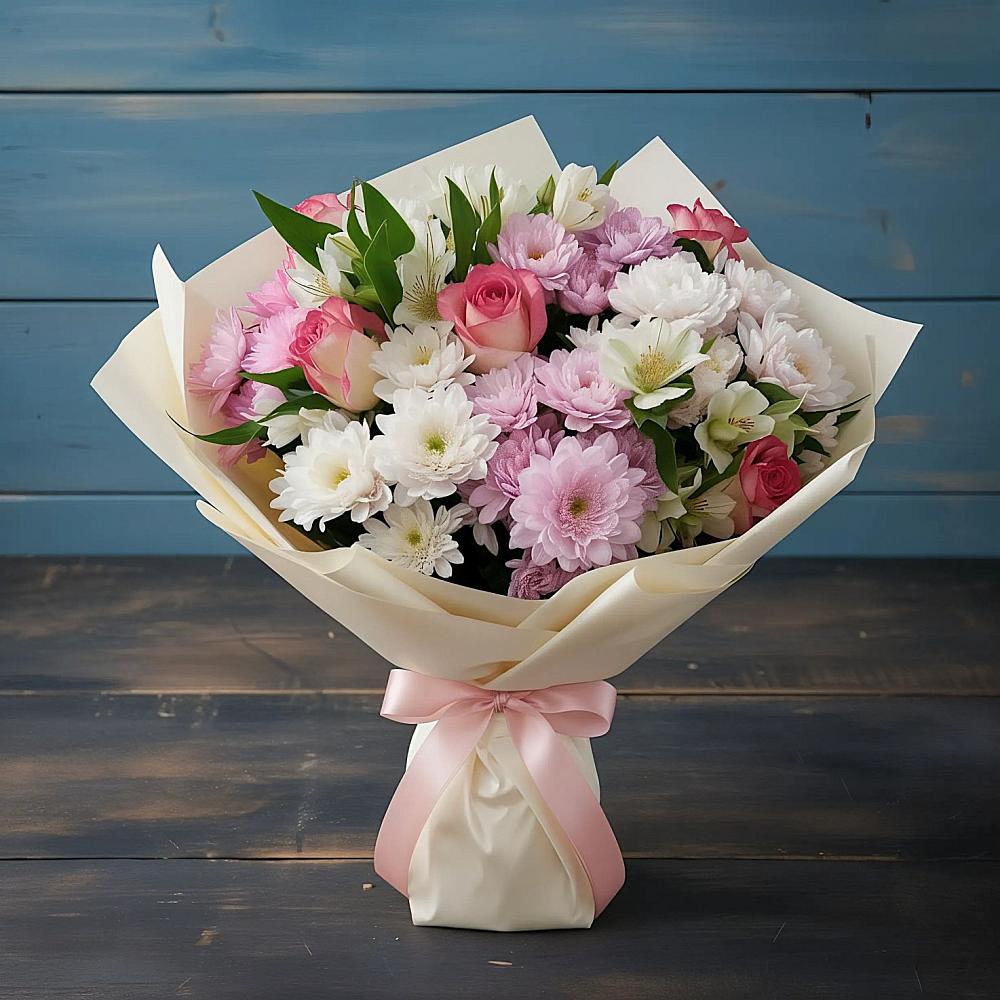 Букет цветов из: Хризантемы, Альстромерии и Розы в Ленинских Горках